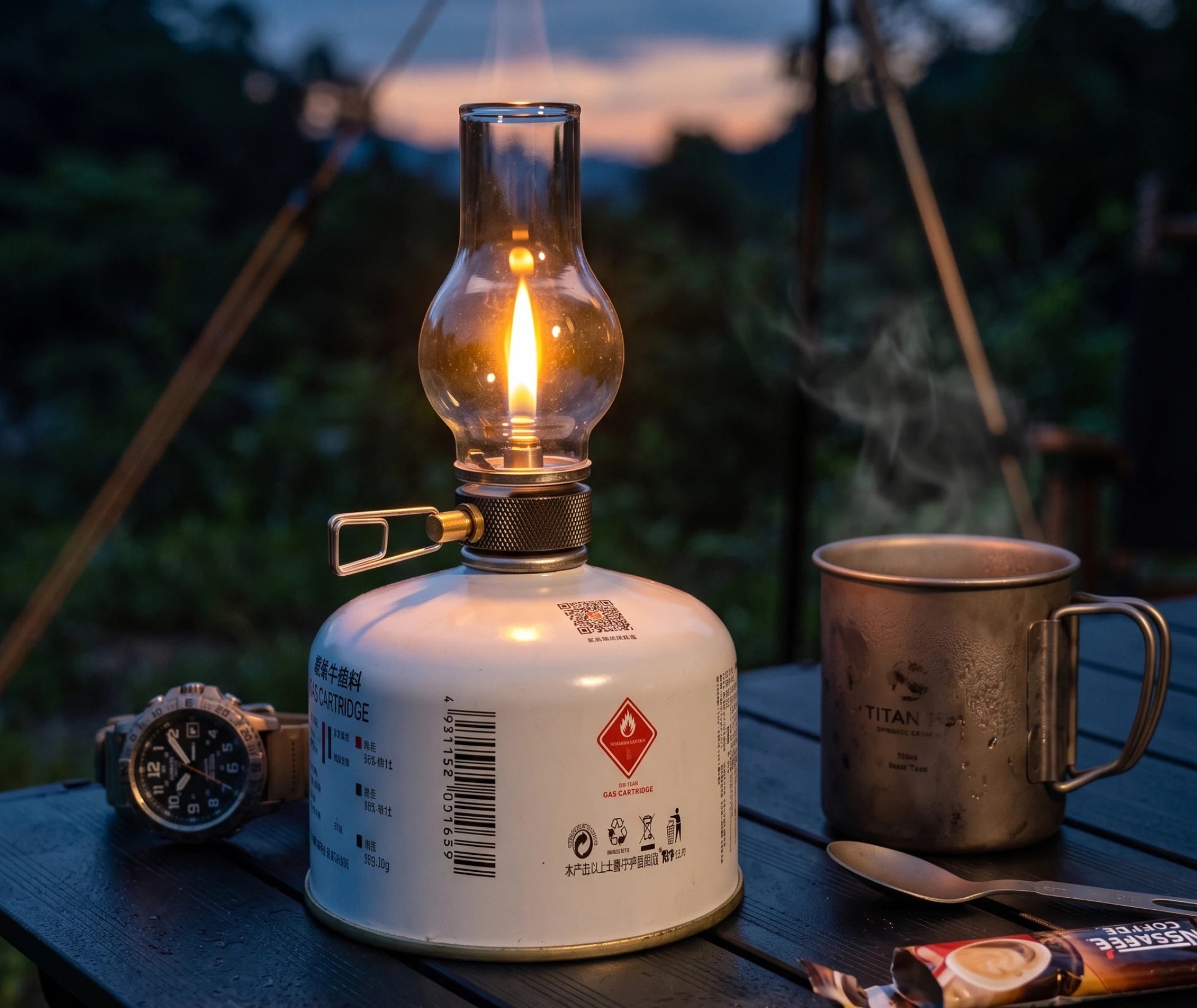 lampe à gaz portable de camping allumée
