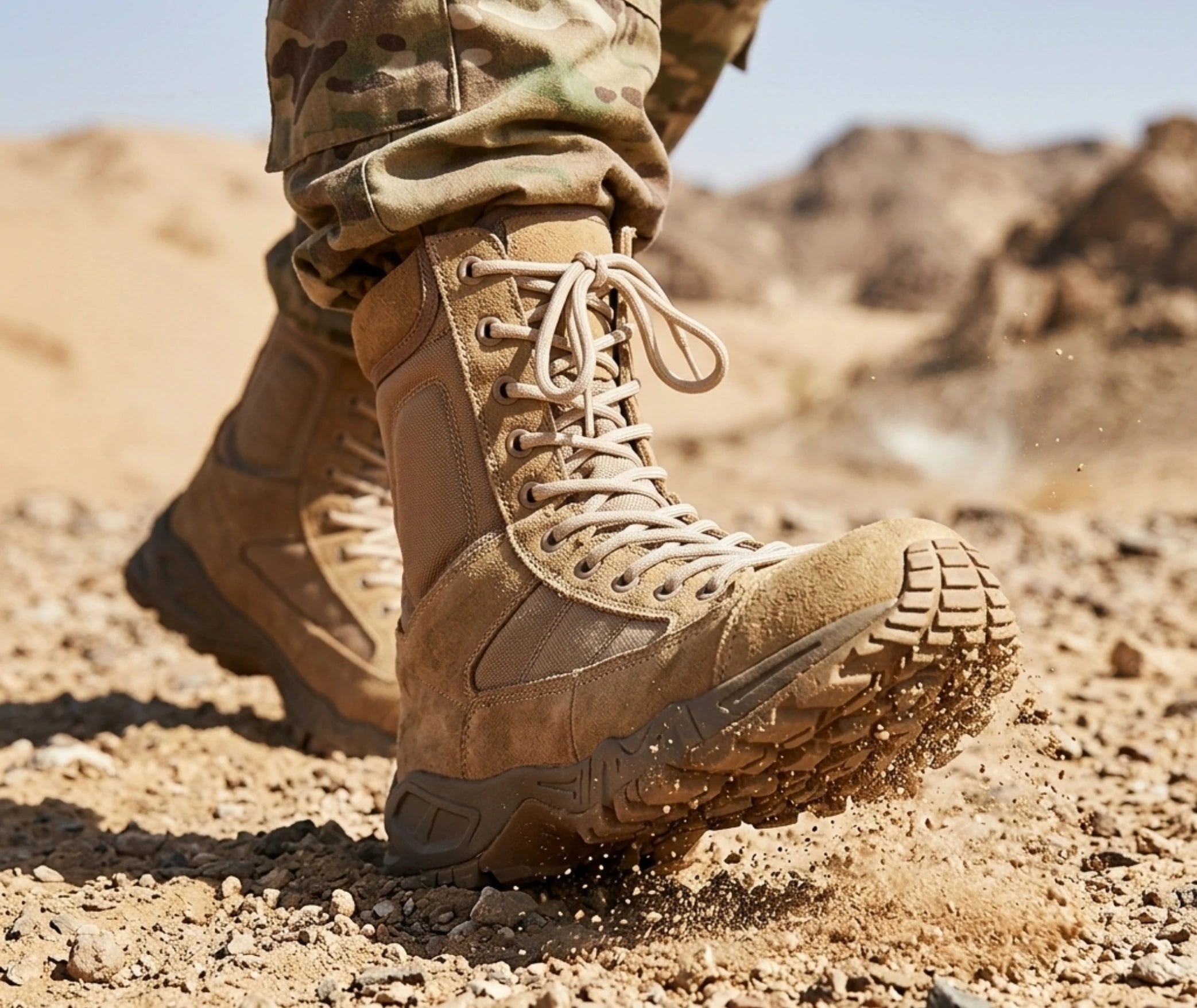 Chaussure militaire sable portée en terrain accidenté