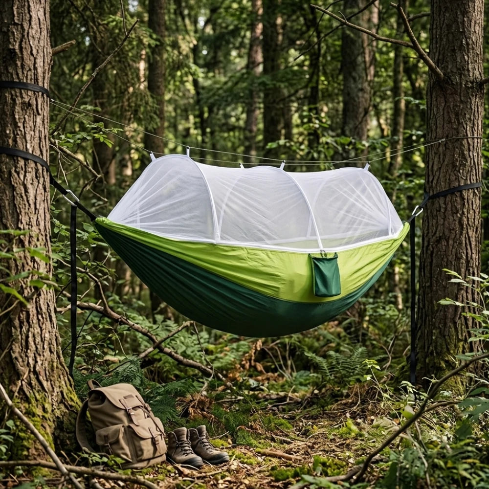 Hamac survie militaire suspendu entre deux arbre dans une forêt