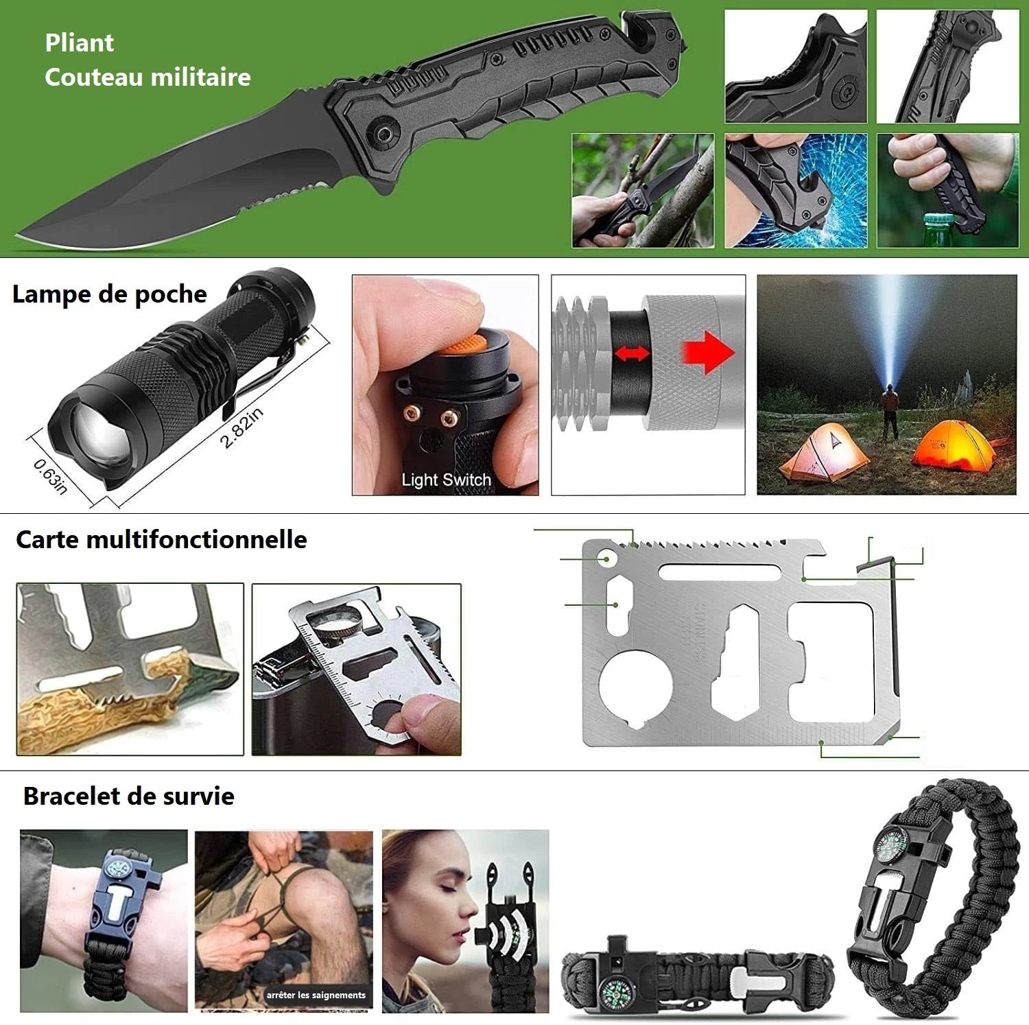 Kit de survie 14 en 1 outils multifonctions