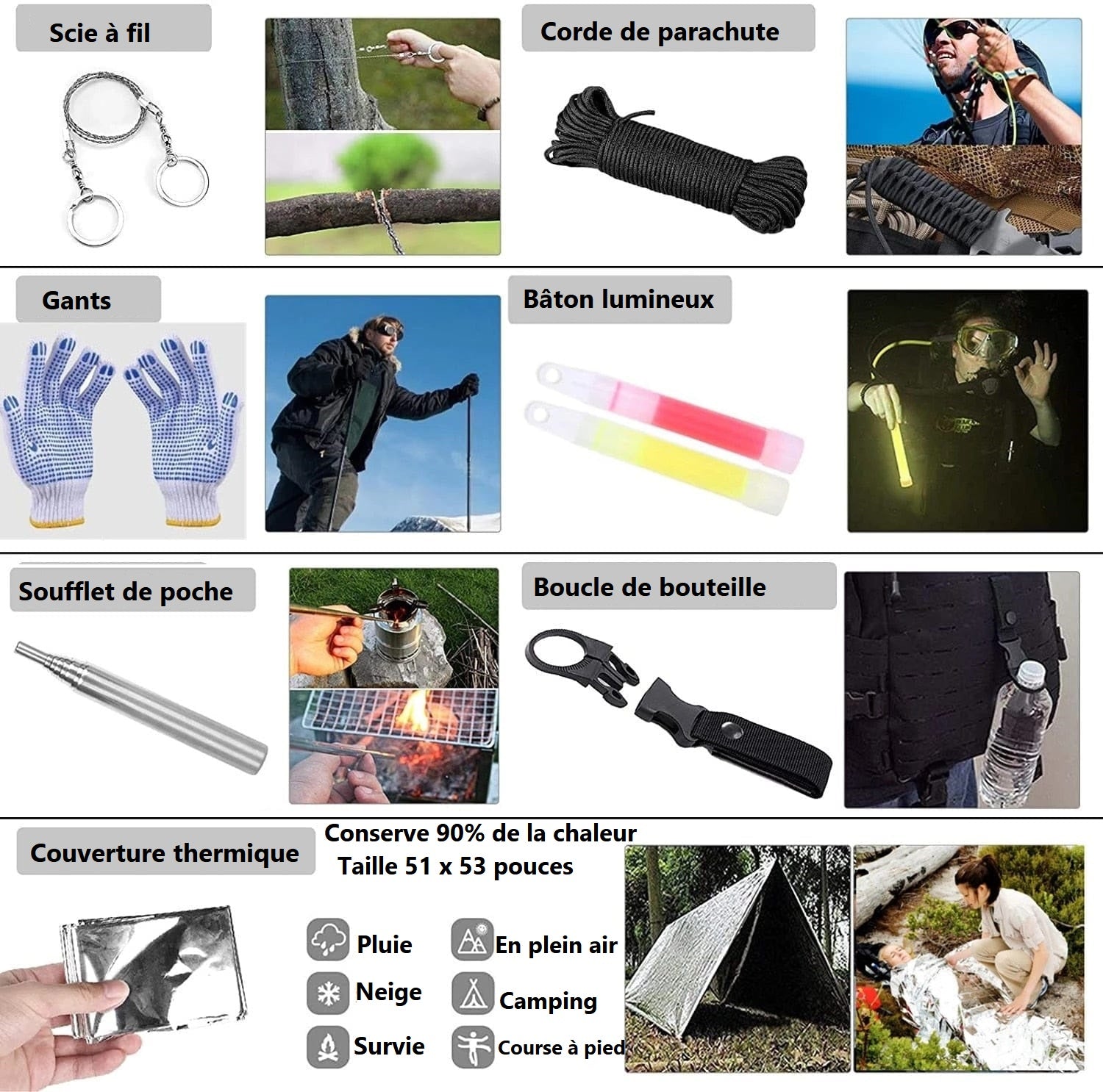 Kit de survie 14 en 1 allume-feu et boussole