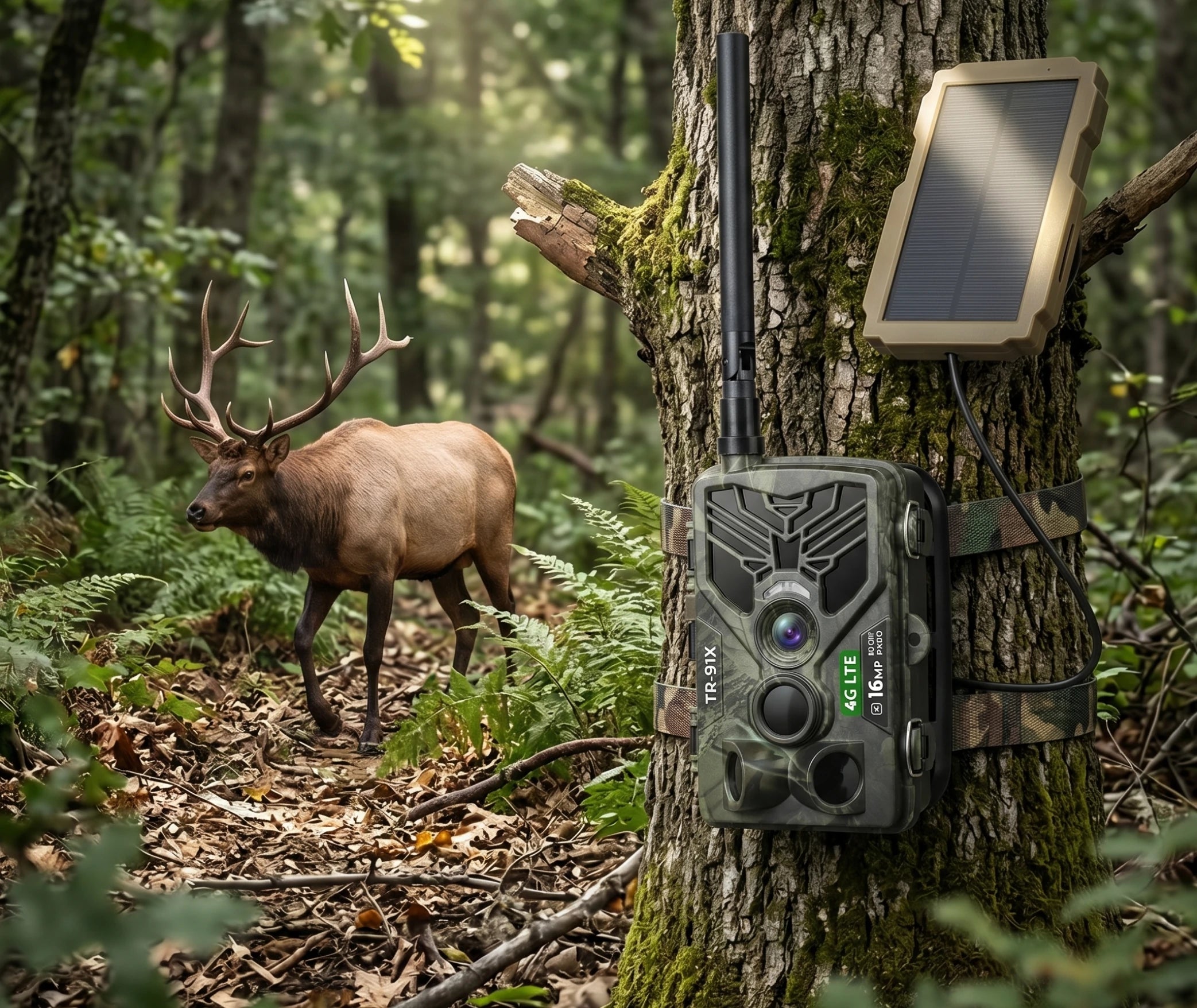 caméra de chasse tr-91x 4g solaire fixée à un arbre