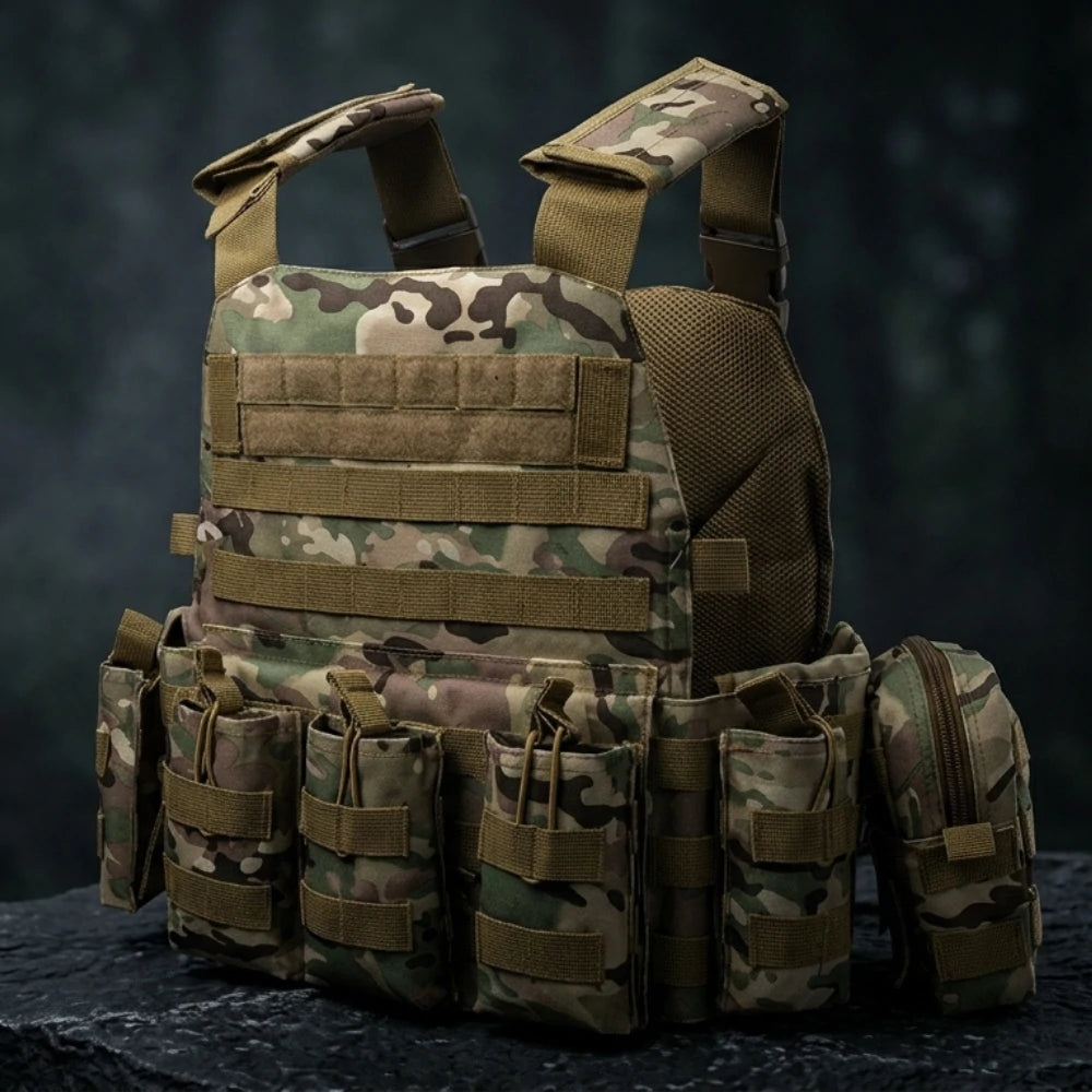 Gilet Tactique Multipoches Jungle posé sur un rocher en forêt sombre.