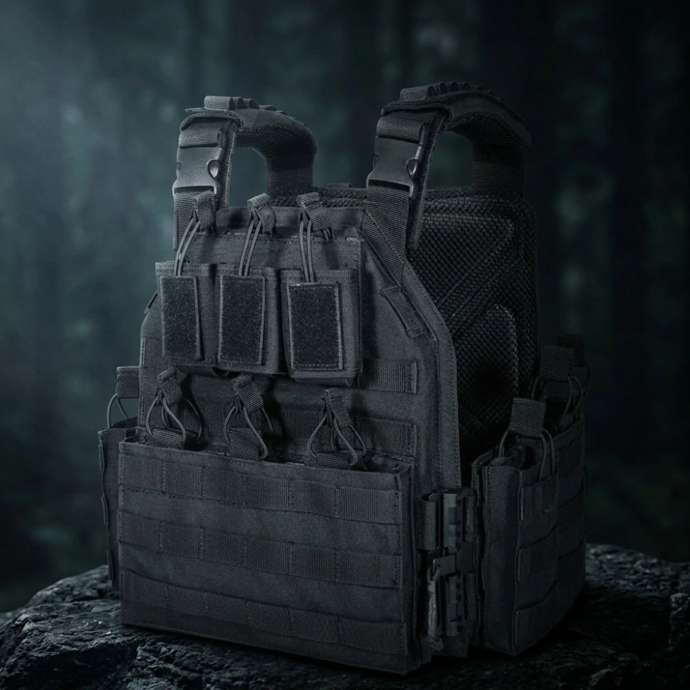 Gilet Tactique Police posé sur un rocher en forêt sombre.