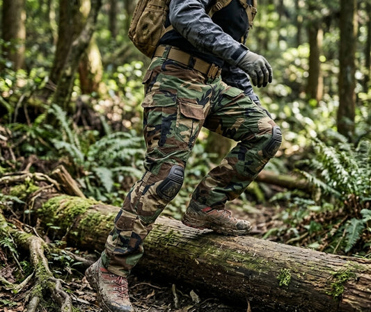 pantalon camouflage militaire de survie porté de profil