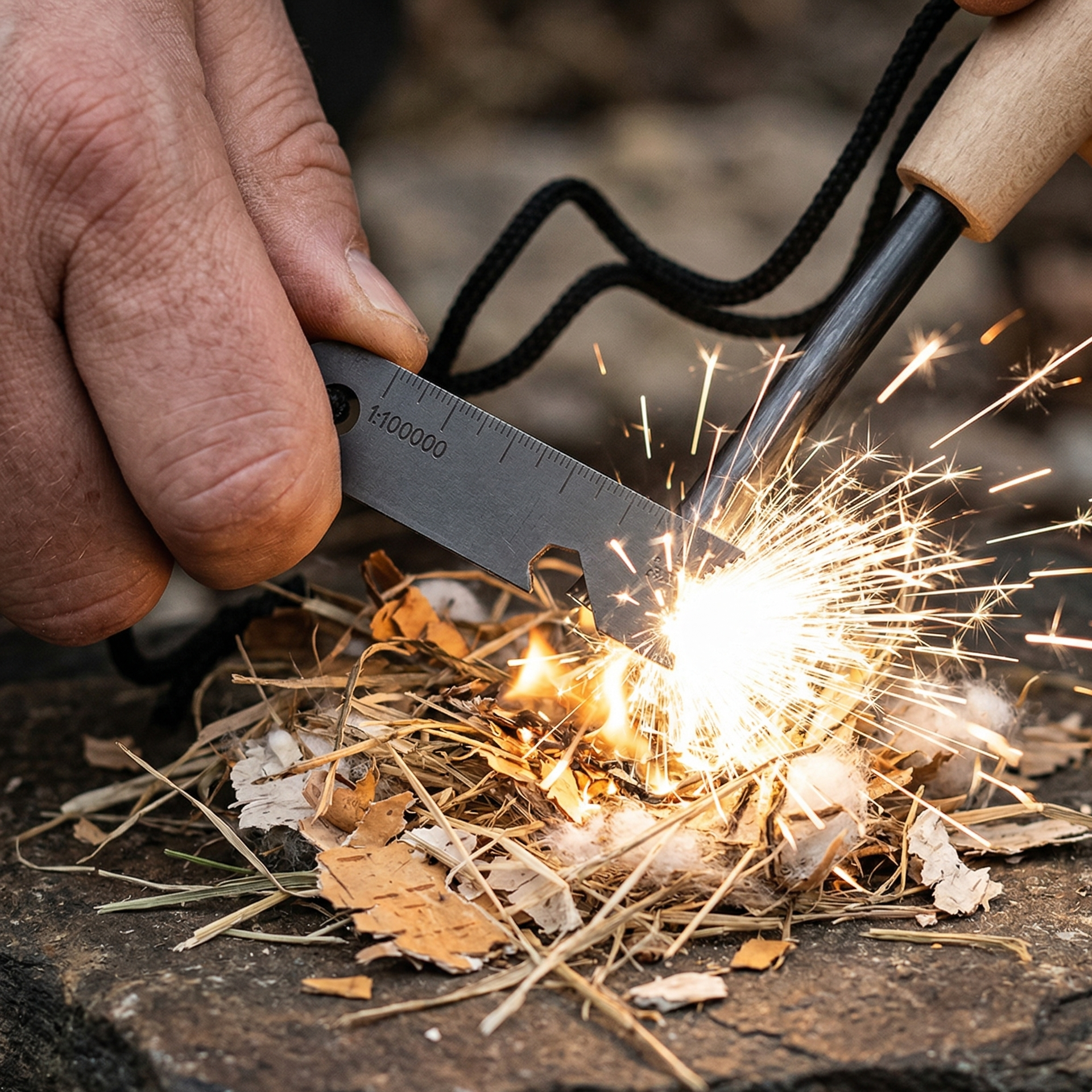 Pierre à feu firesteel utilisée pour allumer un feu