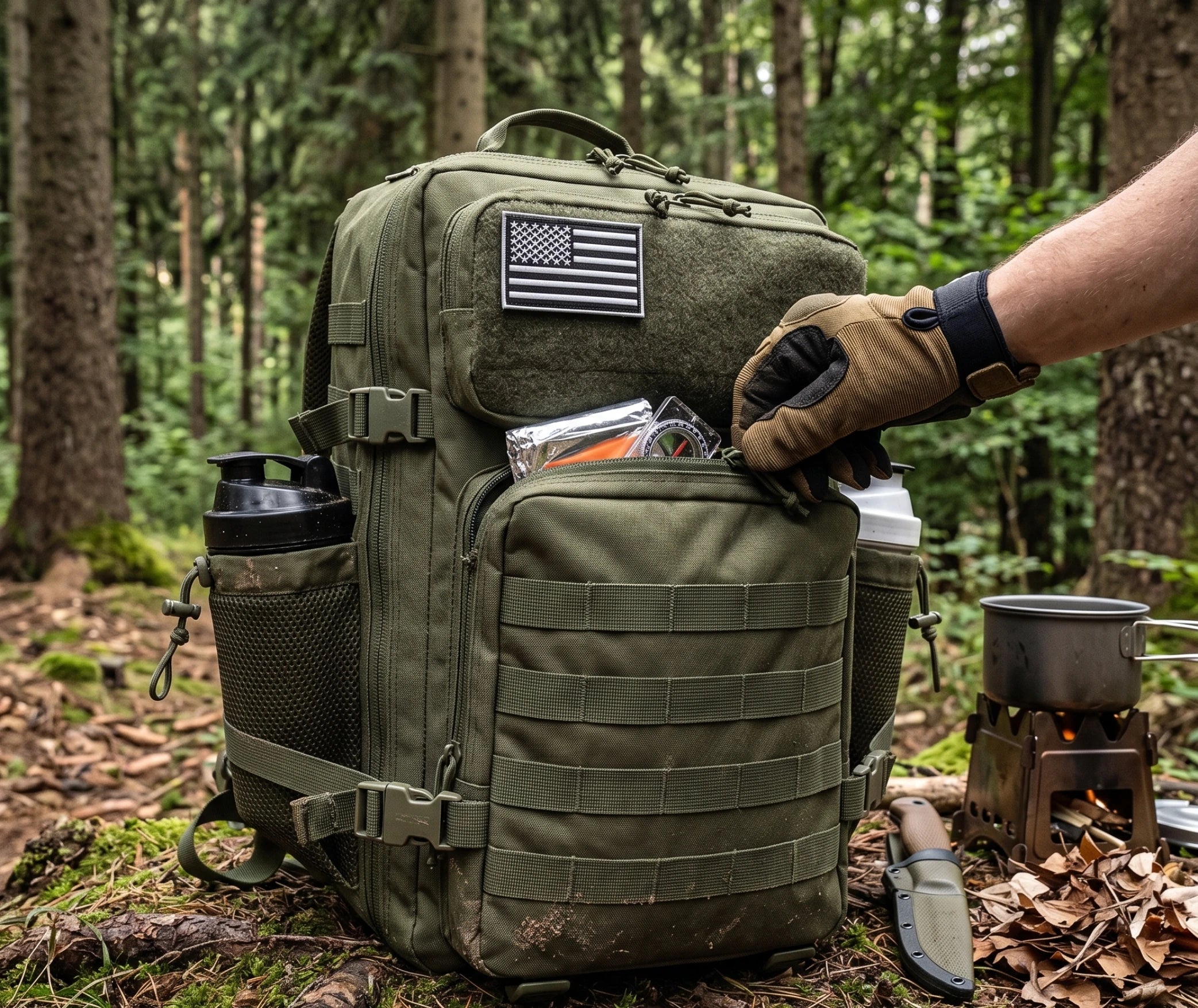 Sac à dos de survie 50L porté en randonnée