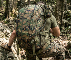 sac à dos camouflage militaire porté sur le dos