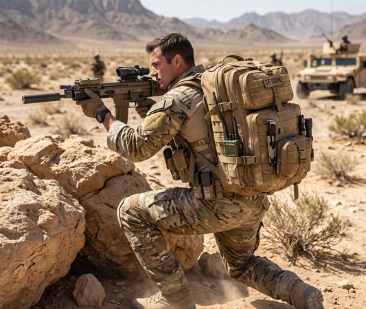 sac à dos militaire désert porté sur le dos