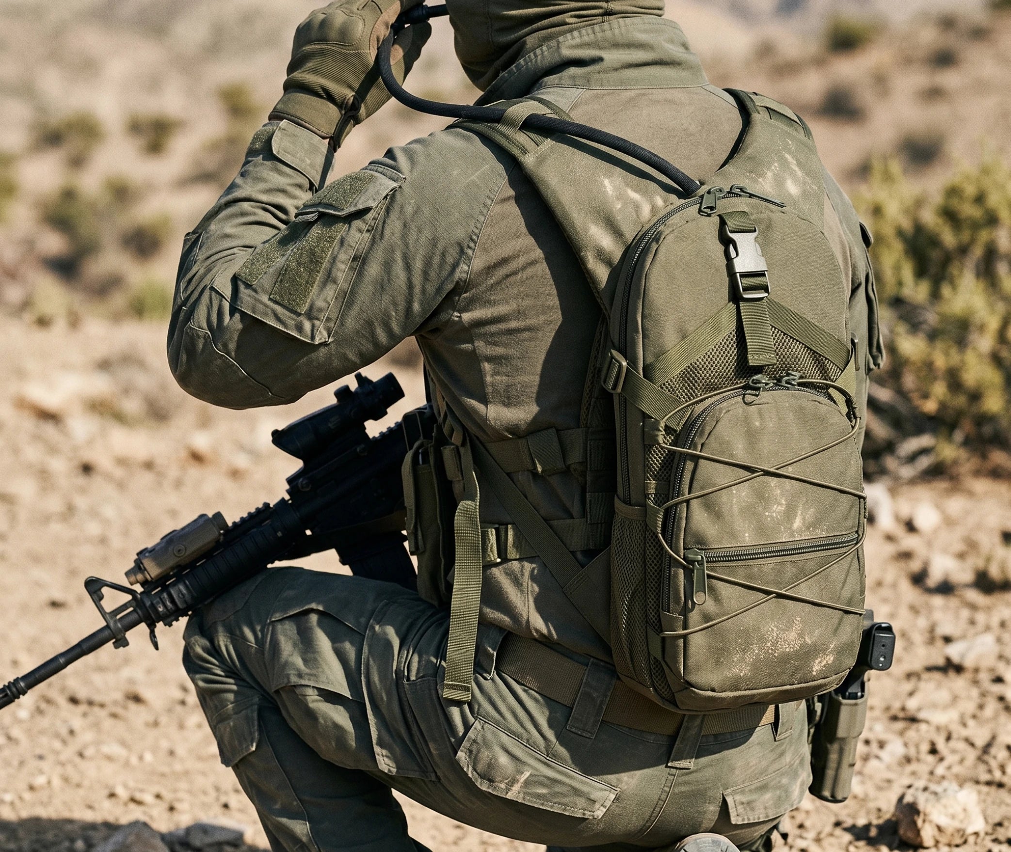 sac à dos militaire minimaliste porté sur le dos