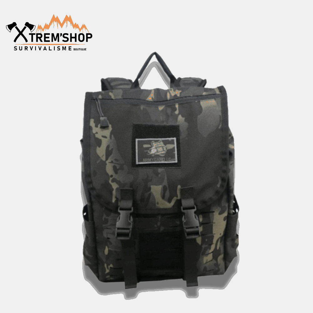 sac à dos de survivalisme militaire vue de trois quarts