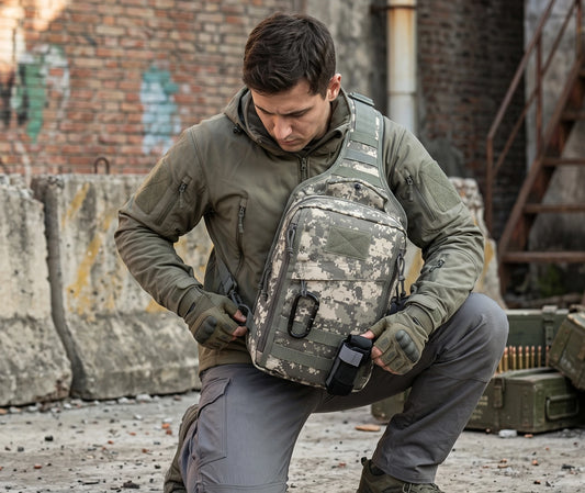 sac à dos bandoulière camouflage porté en bandoulière