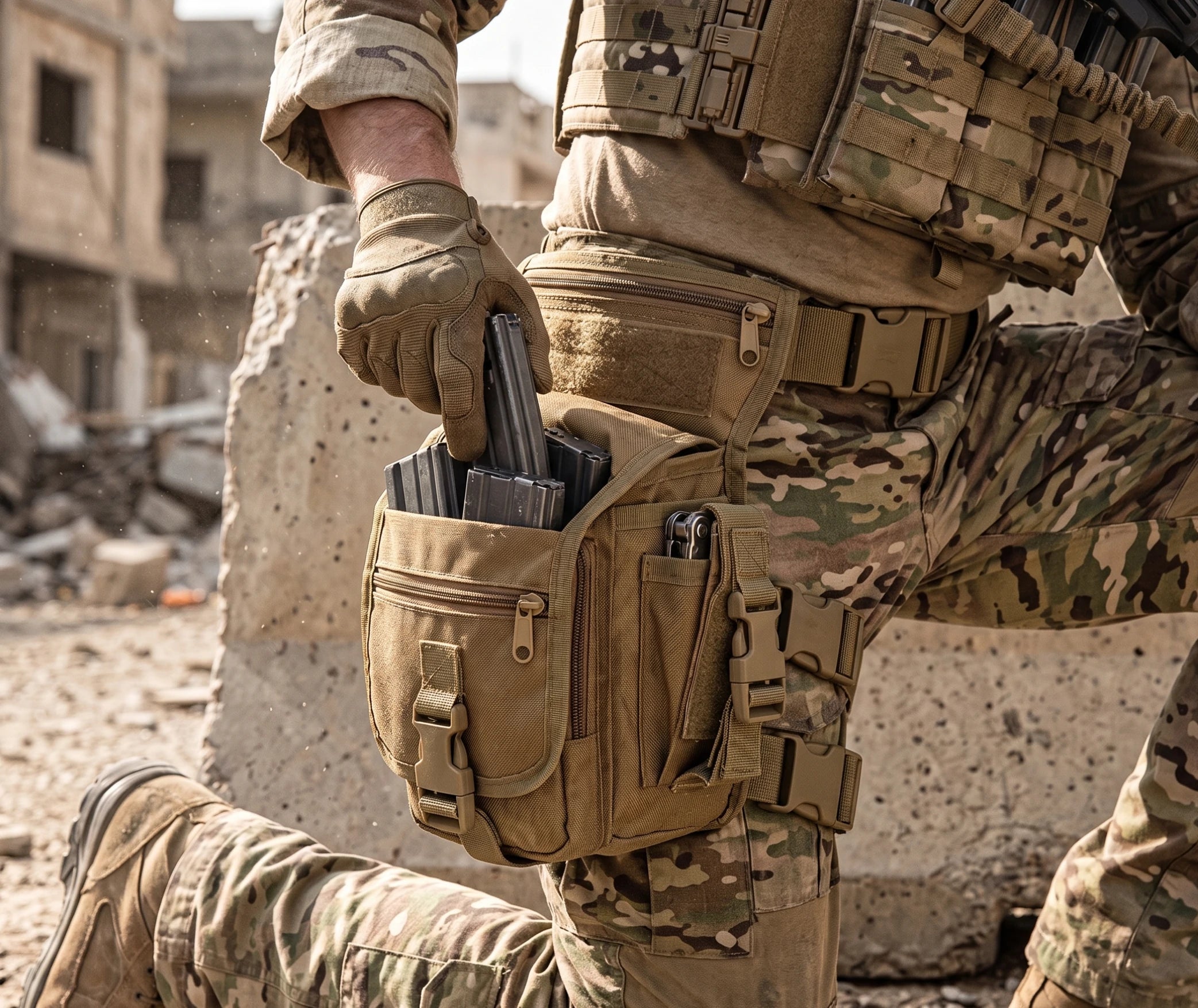 sac de jambe tactique militaire porté à la cuisse