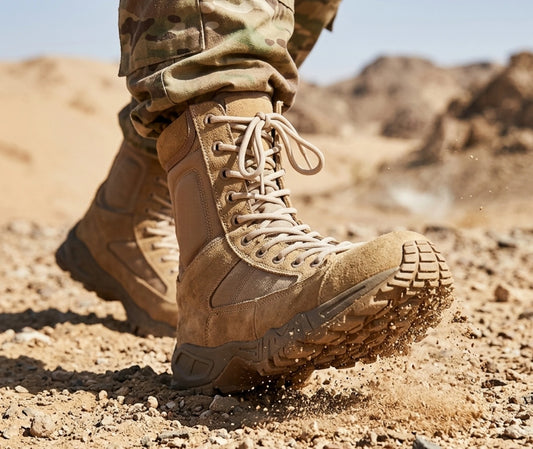 Chaussure militaire sable portée en terrain accidenté