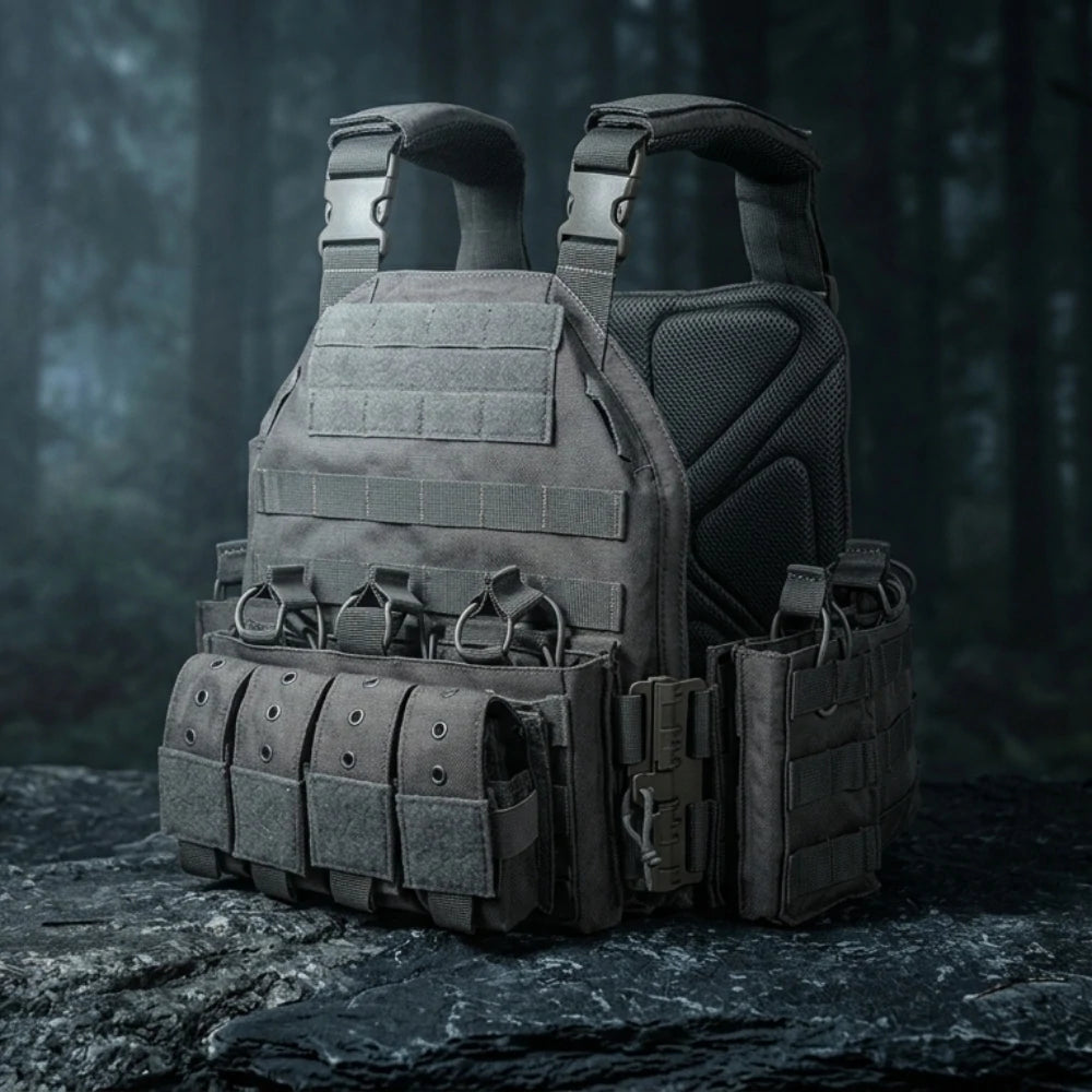 Gilet Tactique Complet Fin du Monde sur fond sombre