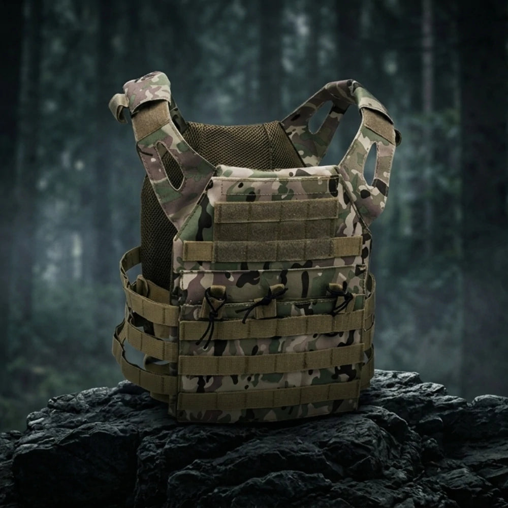 Gilet Tactique de Sécurité posé sur un rocher en forêt sombre
