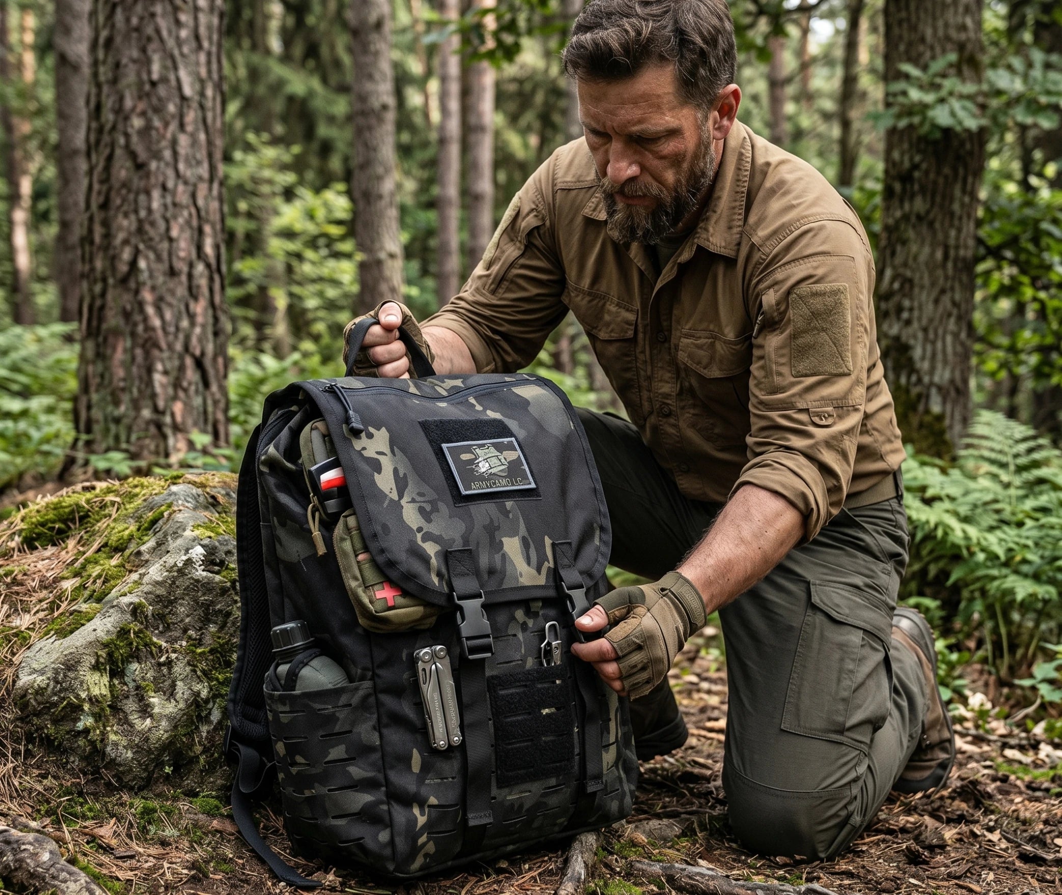 sac à dos de survivalisme militaire porté sur le dos