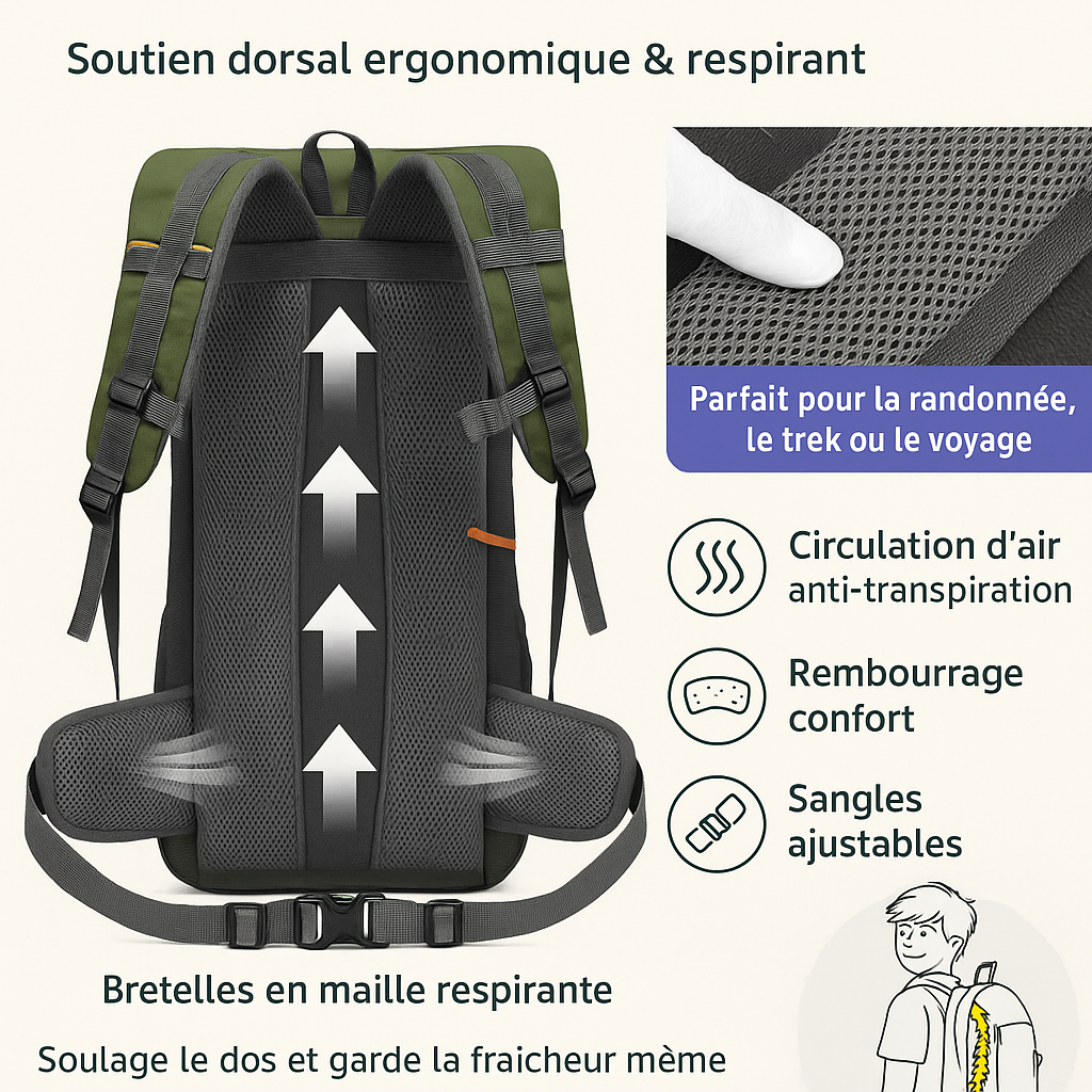 sac à dos de voyage 50l imperméable vue de trois quarts