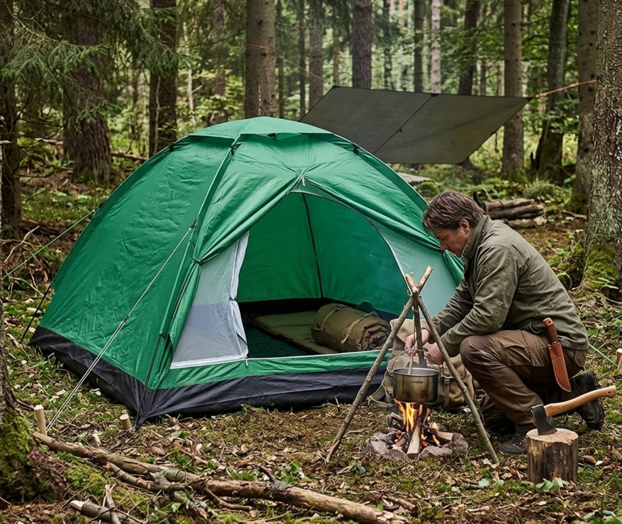 Tente de survie bushcraft montée en forêt