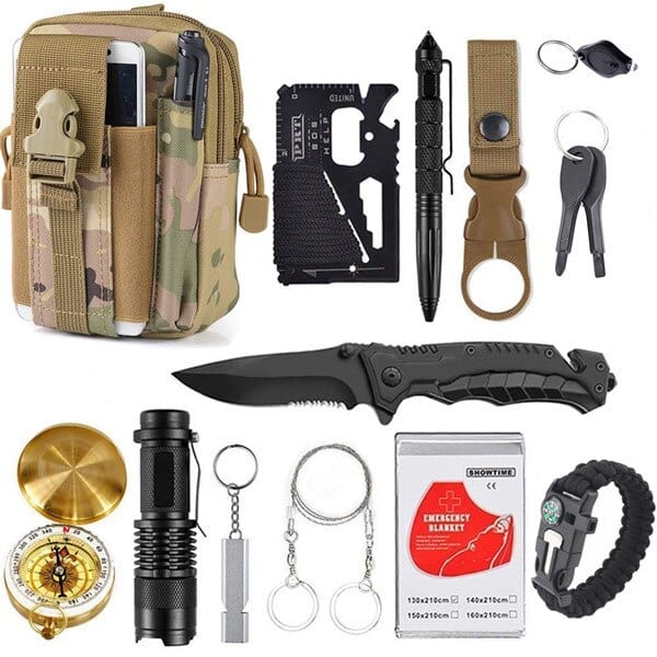 Kit de survie camo 13 en 1 contenu détaillé