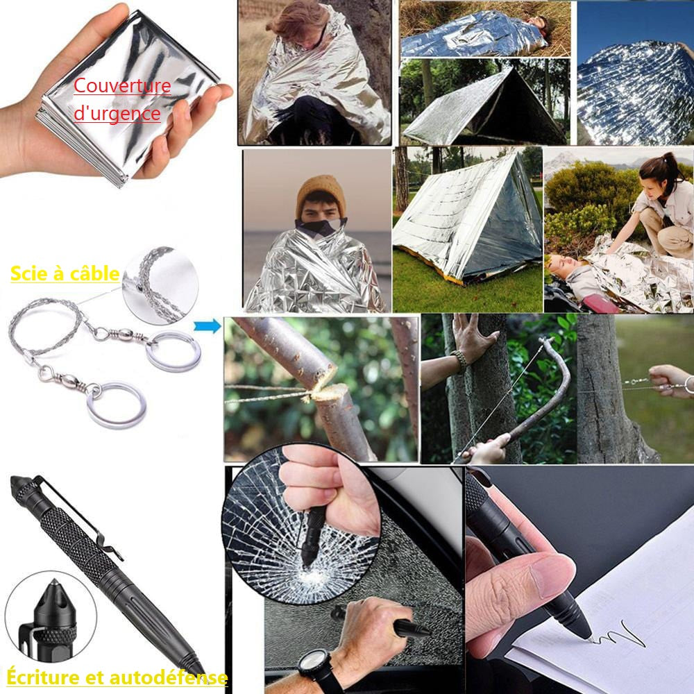 Kit de survie camo 13 en 1 vue d'ensemble