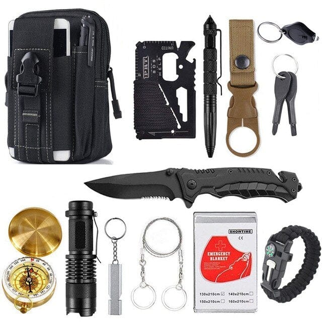 Kit de survie de poche noir vue d'ensemble